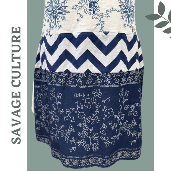 Savage Culture Sleeveless Summer Dress Blue White Mixed Pattern Size Medium - Picture 6 of 10
